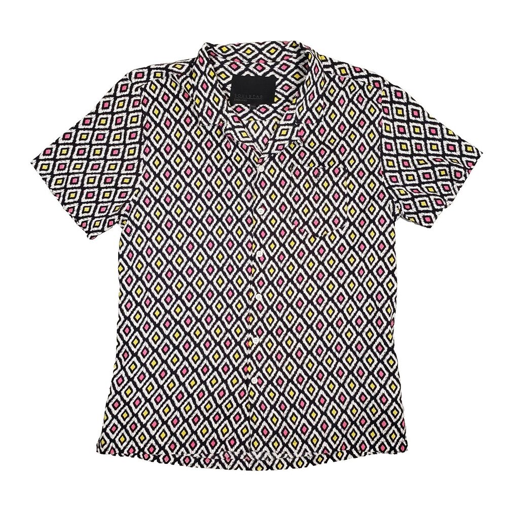 Soul Star Geometric Camp Shirt Mens Medium Black Pink Neon Rave Festival England